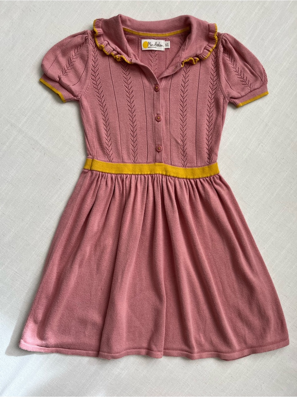 Mini Boden Dusty Pink Knit Dress with Mustard Trim - Girls 6-7 yr